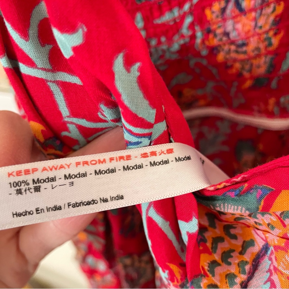 Anthropologie Red Floral Printed Spaghetti-Strap Jumpsuit with Aqua Trim - Picture 5 of 7